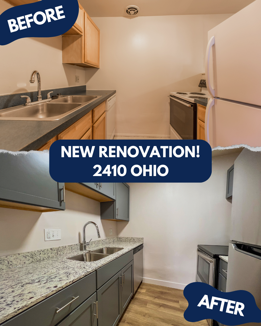 Before and after pictures of 2410 Ohio kitchen
