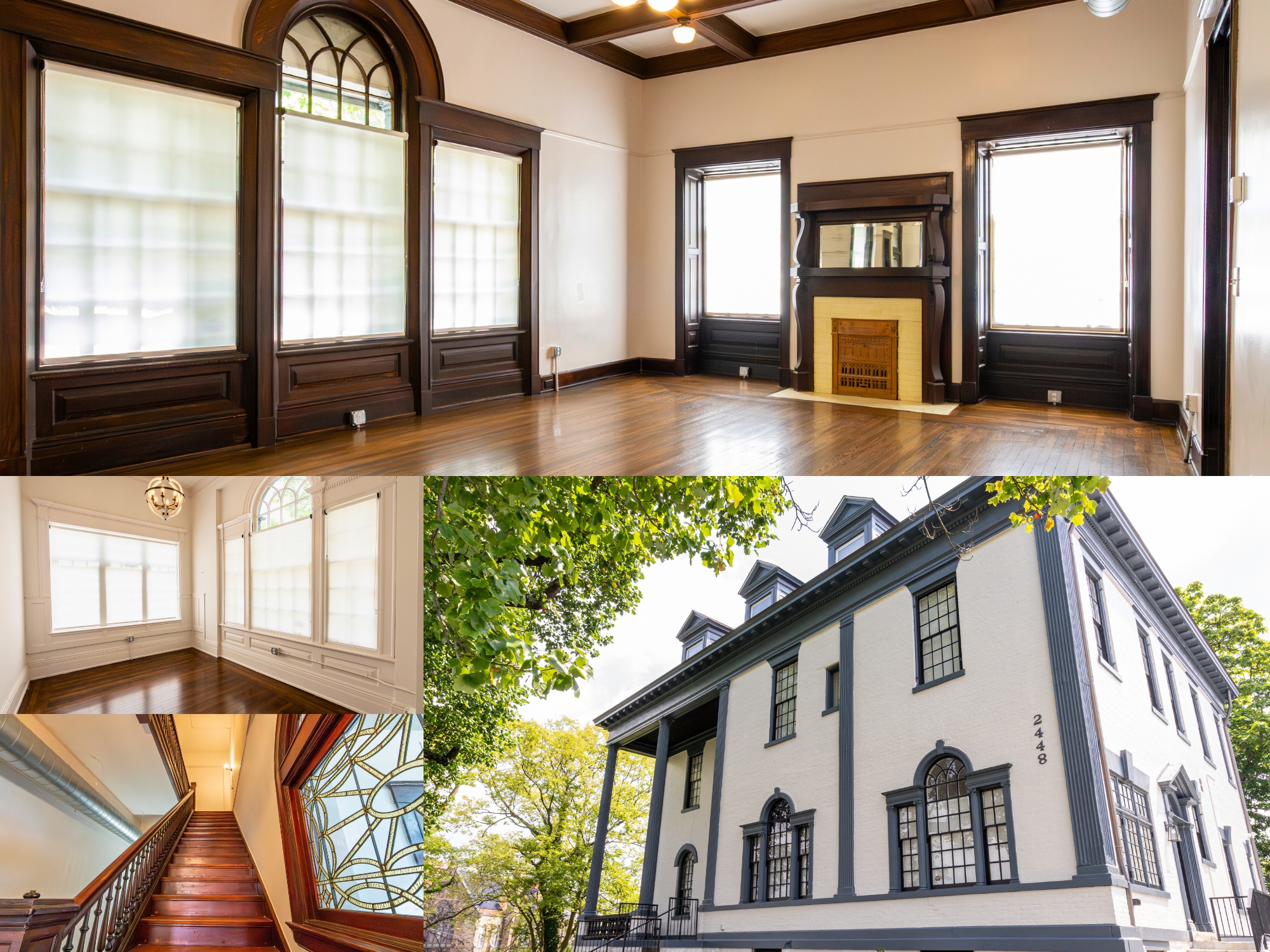4 Photos showing the renovations of The Mansion at 2448 Auburn Avenue with hardwood floors, large windows, a fireplace, wooden stairs, and historical architecture.