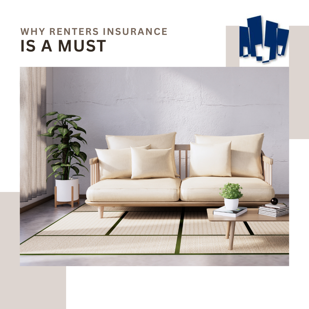 Why Renters Insurance Is A Must banner above a room with a modern low sofa on a tatami mat near a table and houseplant.