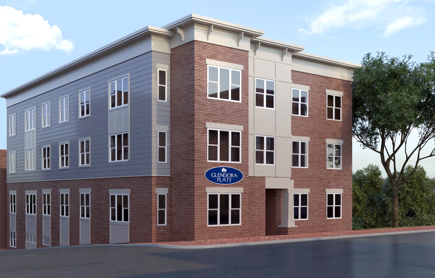 Glendora Flats three-story brick apartment building exterior with many windows and an entrance.